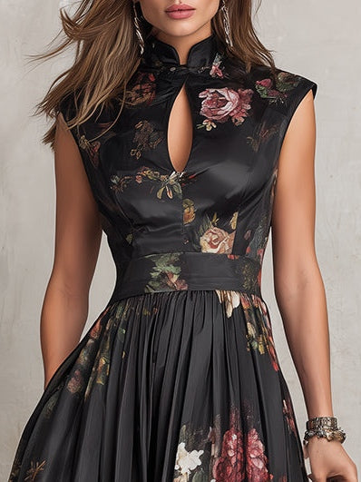 Floral Pleated Satin Midi Dress with Black Keyhole Collar