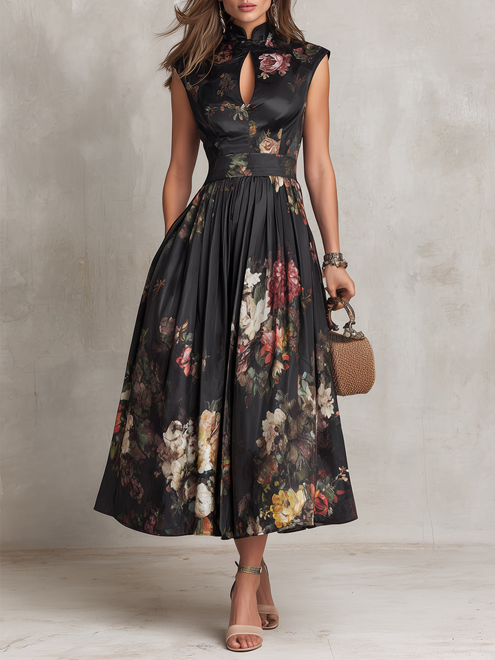 Floral Pleated Satin Midi Dress with Black Keyhole Collar