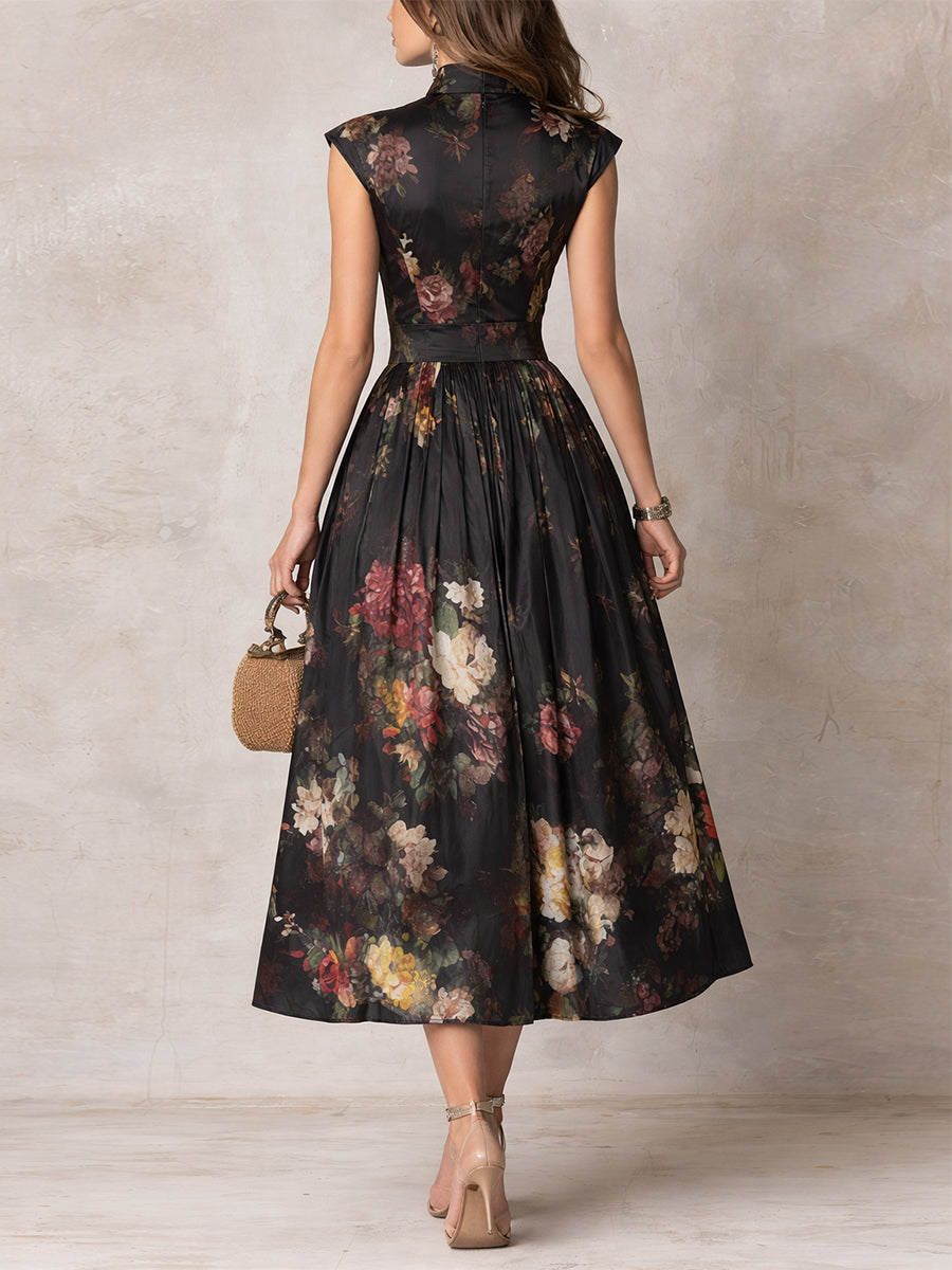 Floral Pleated Satin Midi Dress with Black Keyhole Collar