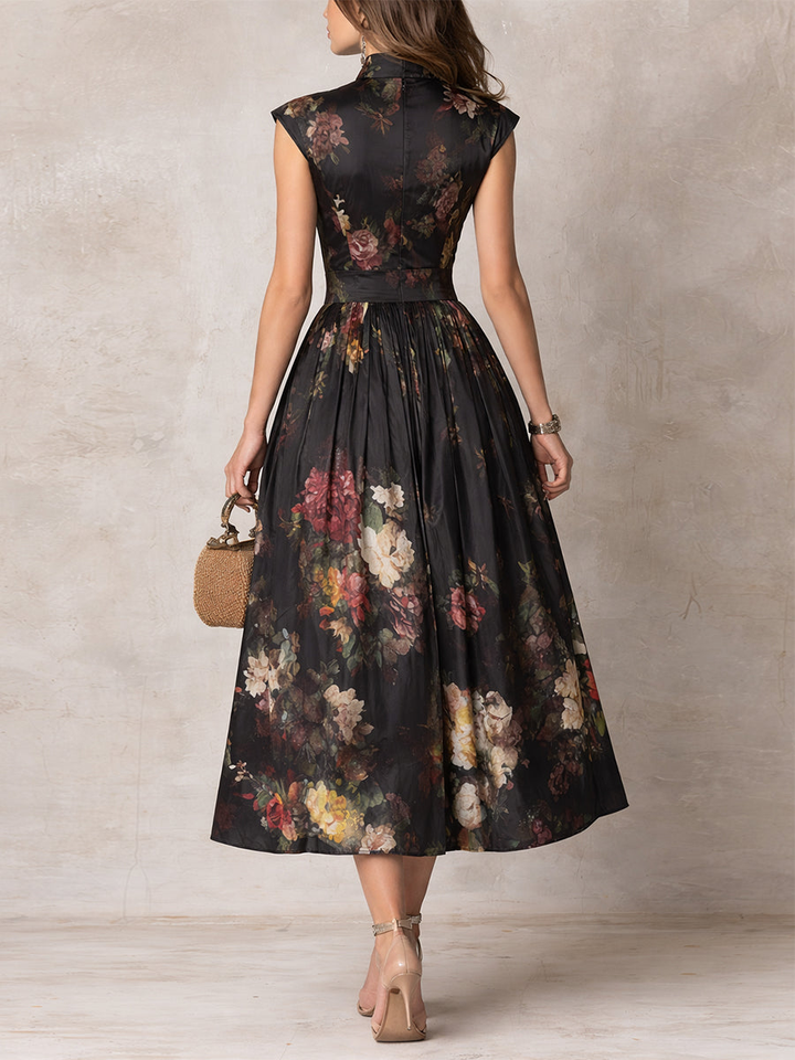 Floral Pleated Satin Midi Dress with Black Keyhole Collar