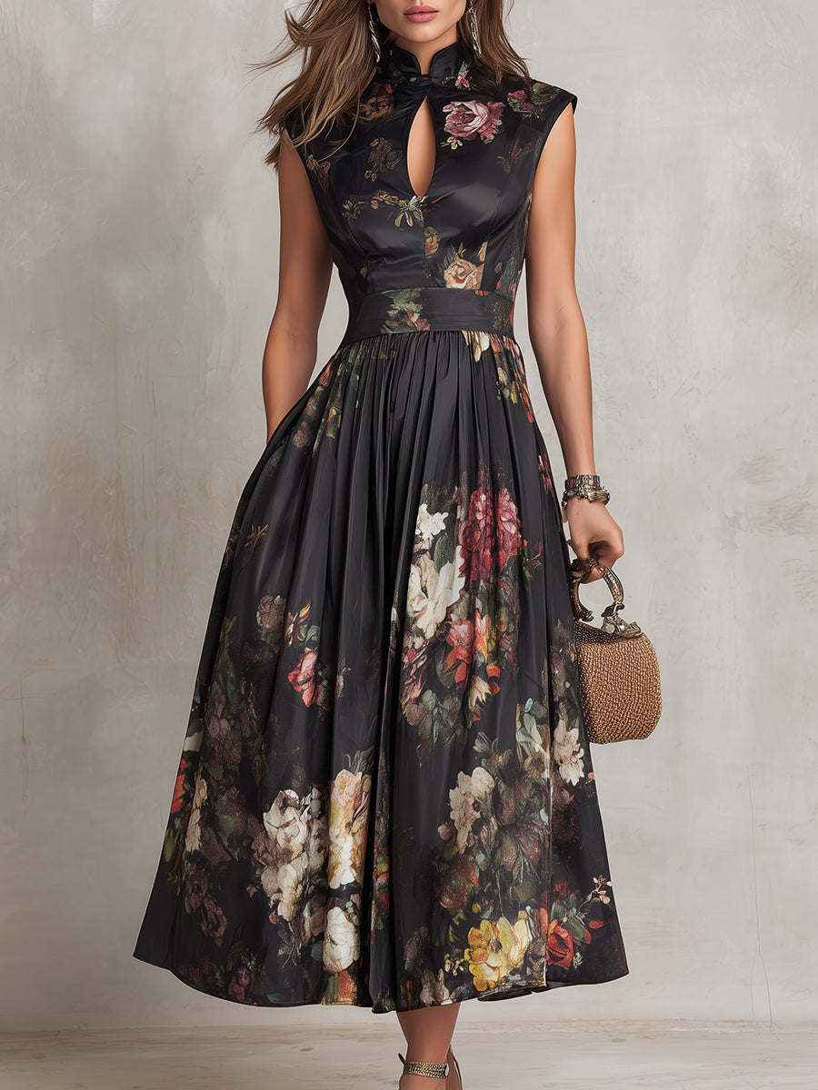 Floral Pleated Satin Midi Dress with Black Keyhole Collar