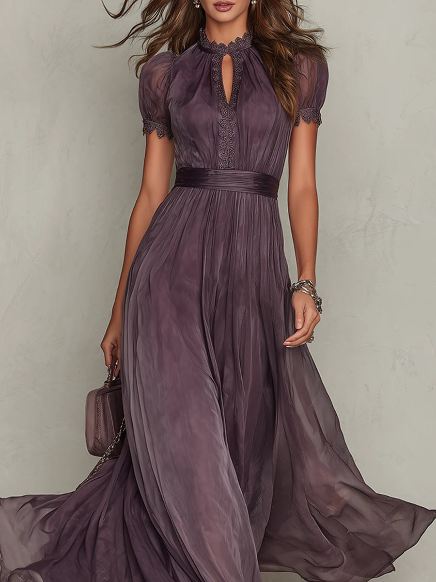 Maxi Dress with Purple Keyhole Neckline and Lace Trim