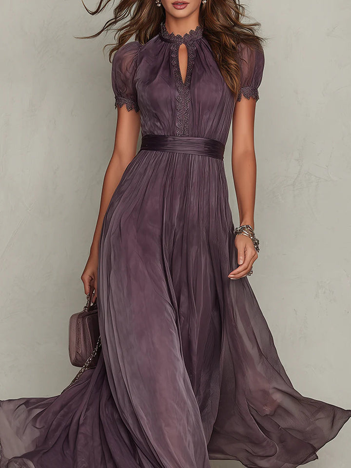 Maxi Dress with Purple Keyhole Neckline and Lace Trim