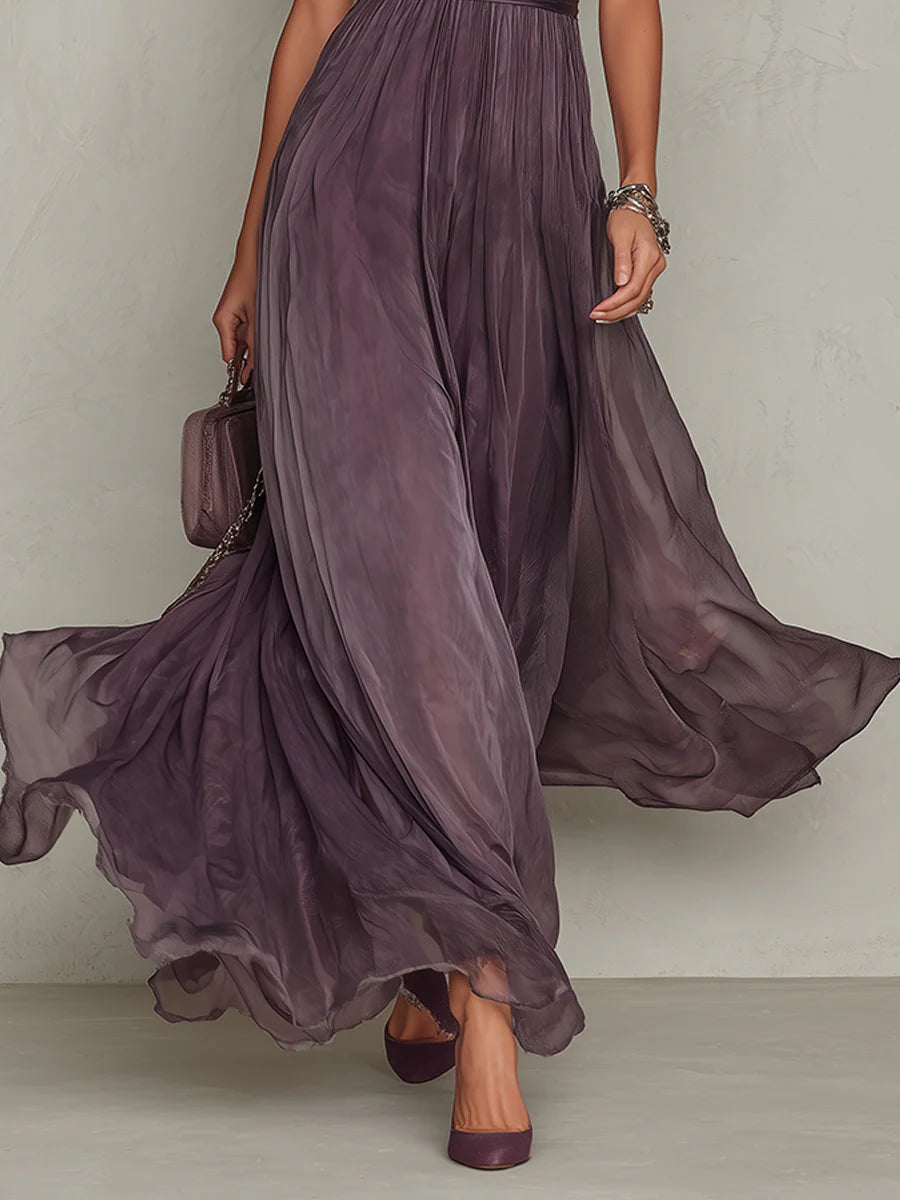 Maxi Dress with Purple Keyhole Neckline and Lace Trim