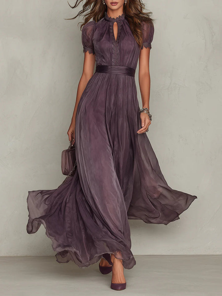 Maxi Dress with Purple Keyhole Neckline and Lace Trim
