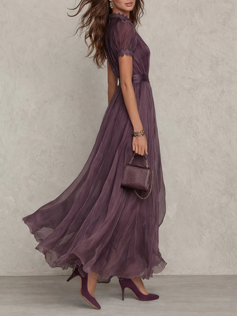Maxi Dress with Purple Keyhole Neckline and Lace Trim