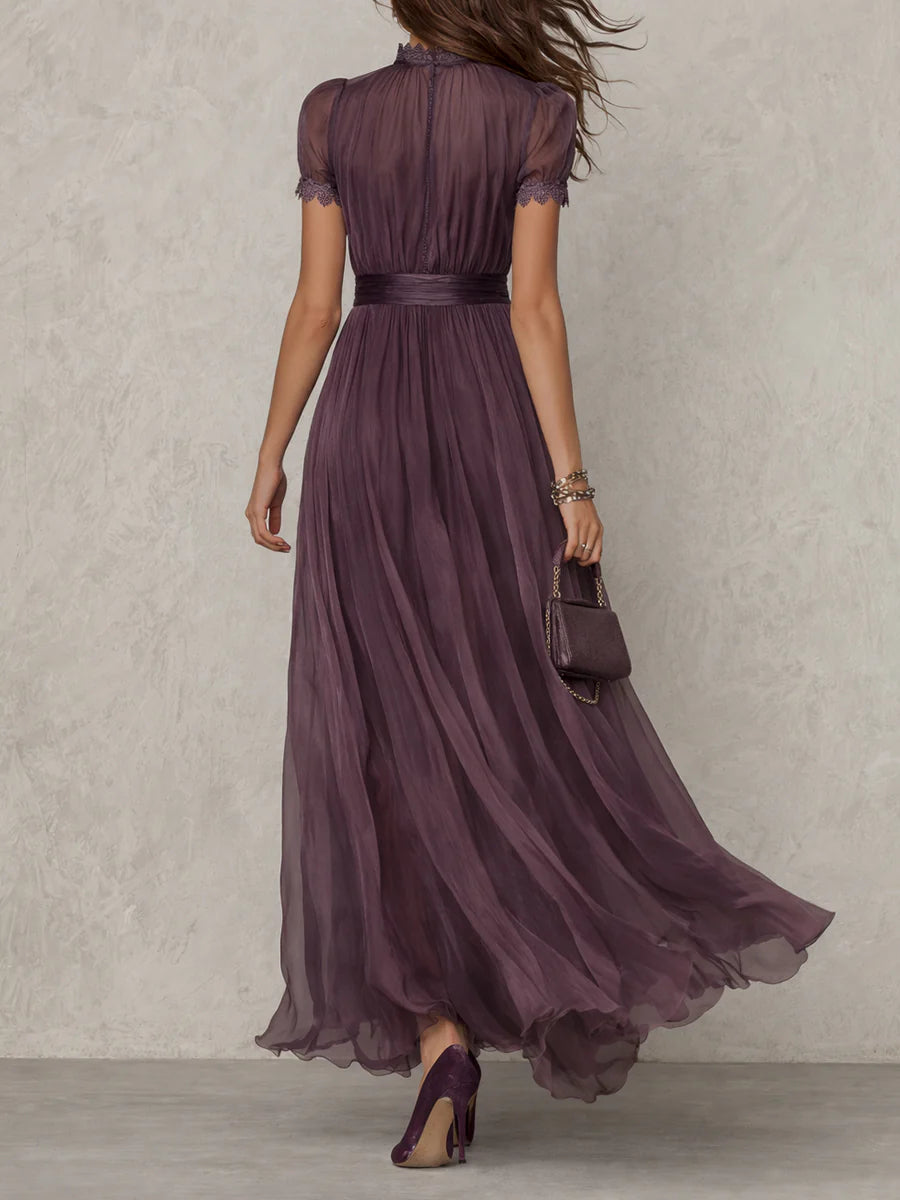 Maxi Dress with Purple Keyhole Neckline and Lace Trim