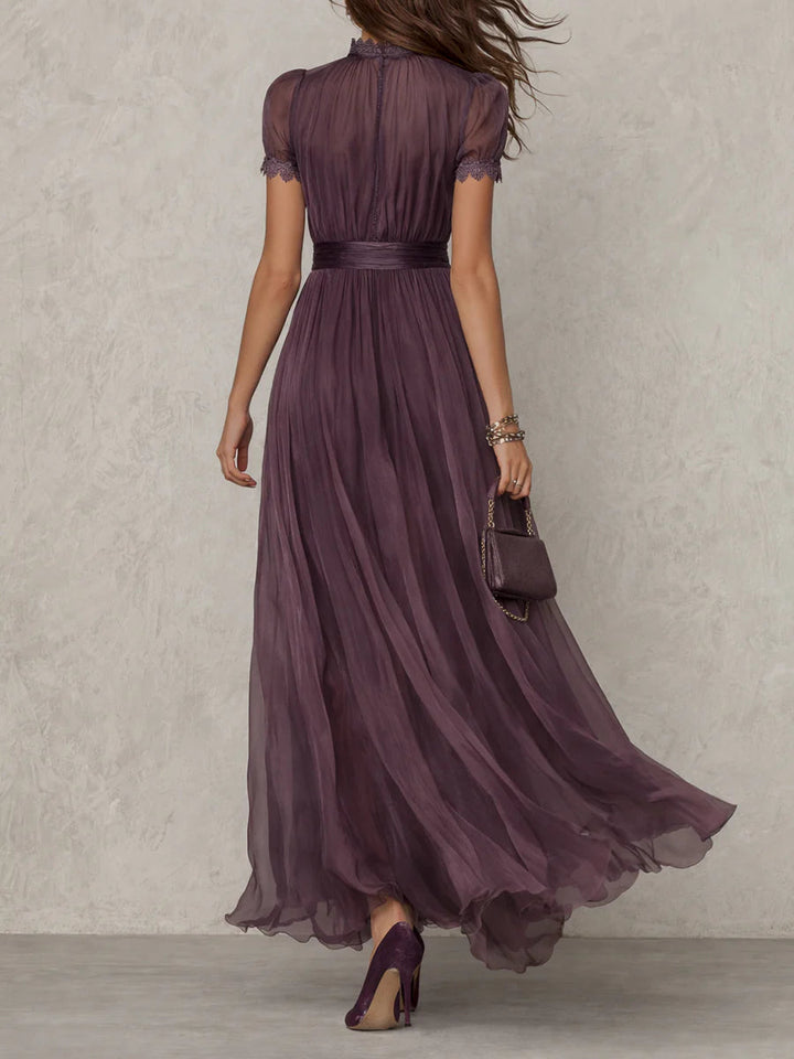 Maxi Dress with Purple Keyhole Neckline and Lace Trim