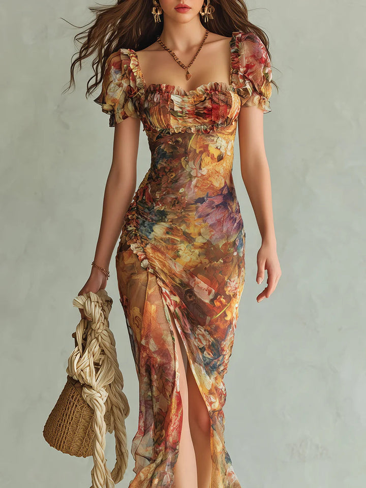 Bohemian Orange Holiday Chiffon Maxi Dress with Oil Painting Print