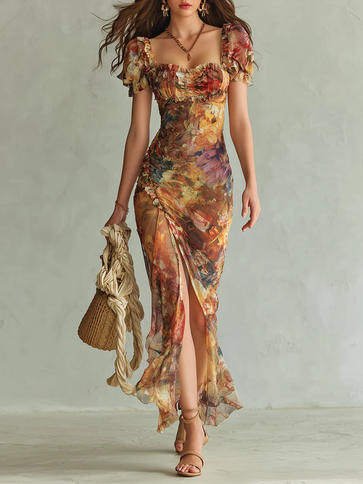 Bohemian Orange Holiday Chiffon Maxi Dress with Oil Painting Print
