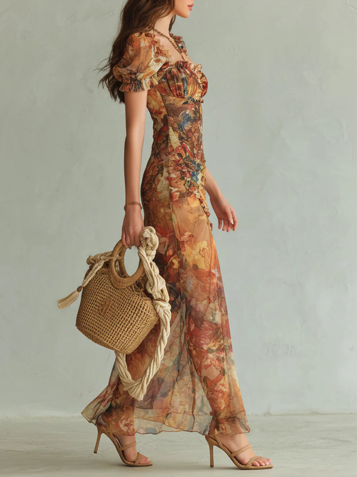 Bohemian Orange Holiday Chiffon Maxi Dress with Oil Painting Print