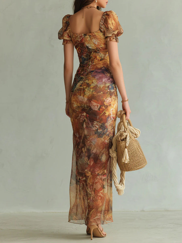 Bohemian Orange Holiday Chiffon Maxi Dress with Oil Painting Print