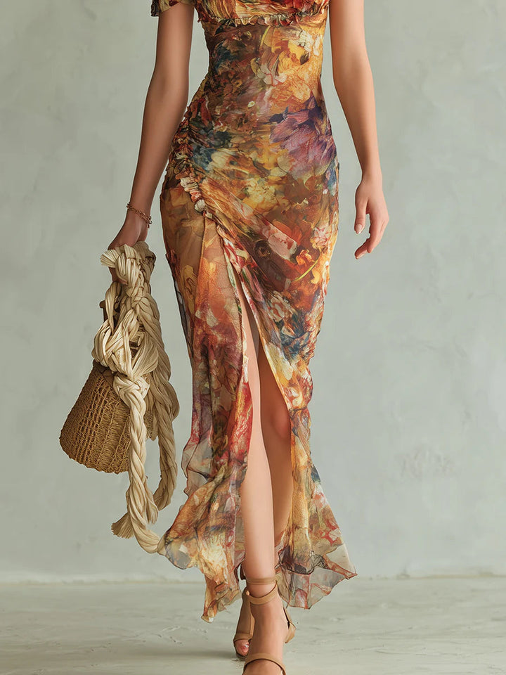 Bohemian Orange Holiday Chiffon Maxi Dress with Oil Painting Print