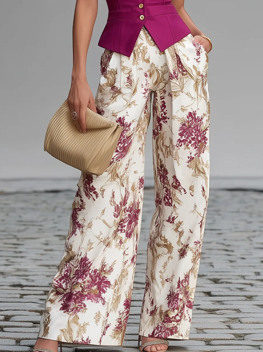 Rose Pink Sleeveless Top with Floral Print Wide-Leg Pants Set
