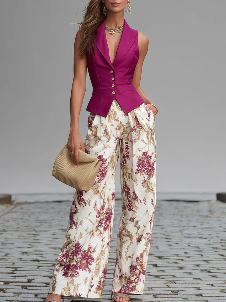 Rose Pink Sleeveless Top with Floral Print Wide-Leg Pants Set