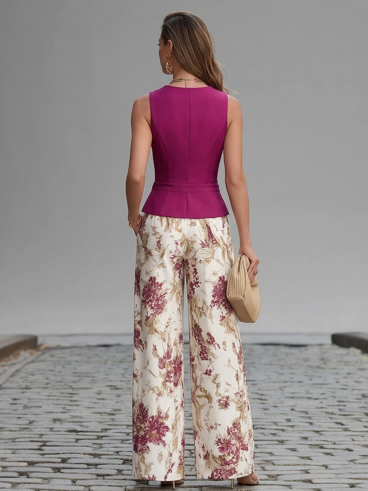 Rose Pink Sleeveless Top with Floral Print Wide-Leg Pants Set