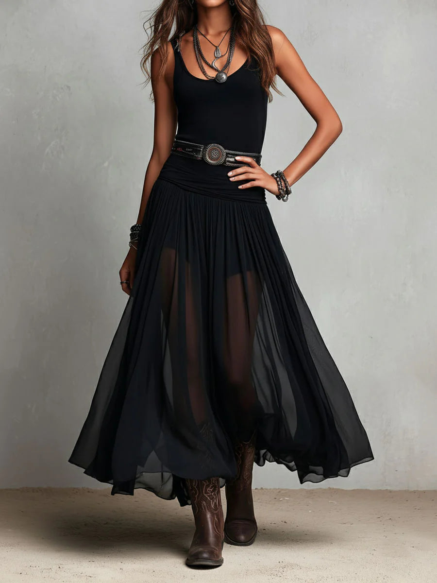 Maxi Dress with Black Sleeveless Tank Top and Tulle Skirt (Includes Belt)