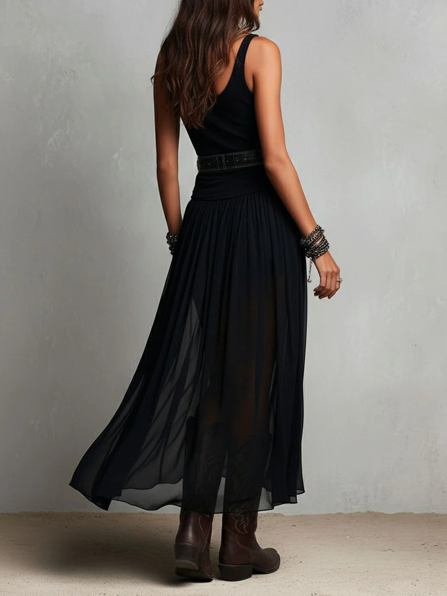 Maxi Dress with Black Sleeveless Tank Top and Tulle Skirt (Includes Belt)