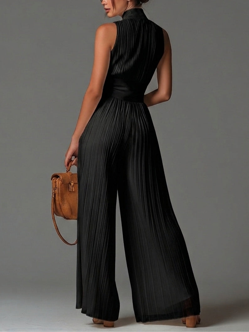 Black Sleeveless V-Neck Pleated Wide-Leg Chiffon Jumpsuit with Zip-Up Detail