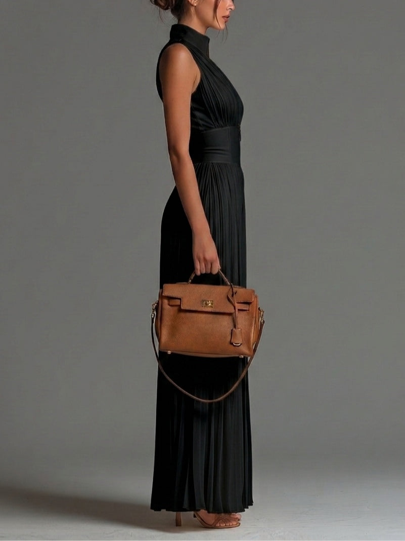 Black Sleeveless V-Neck Pleated Wide-Leg Chiffon Jumpsuit with Zip-Up Detail