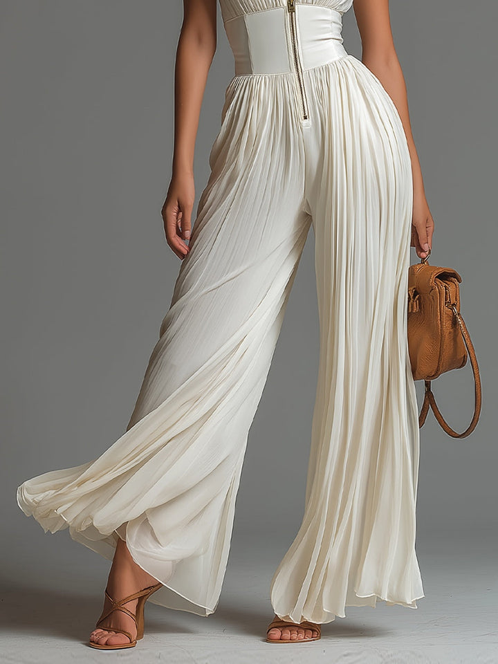 White Sleeveless V-Neck Pleated Wide-Leg Chiffon Jumpsuit with Zip-Up Closure