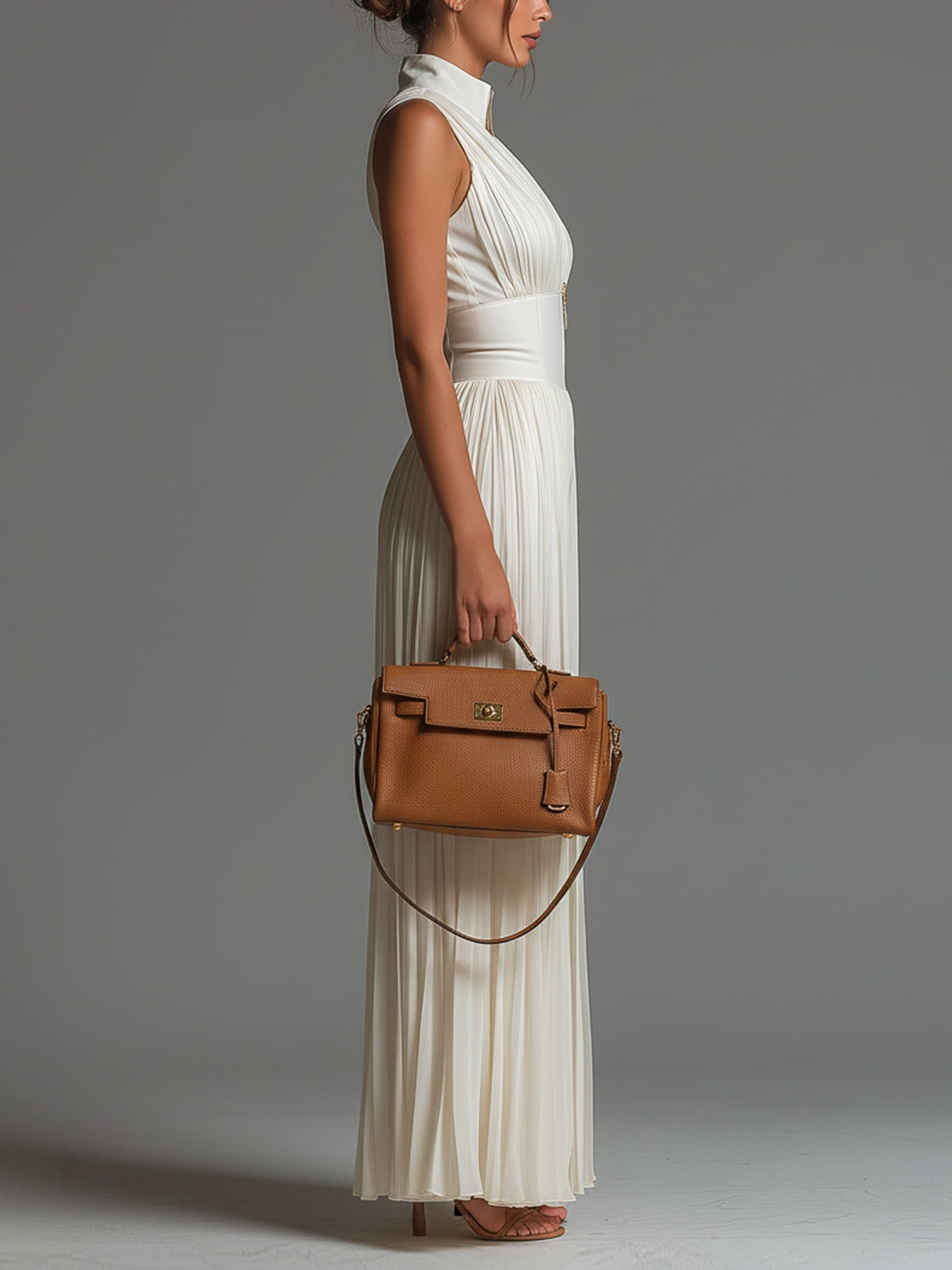 White Sleeveless V-Neck Pleated Wide-Leg Chiffon Jumpsuit with Zip-Up Closure