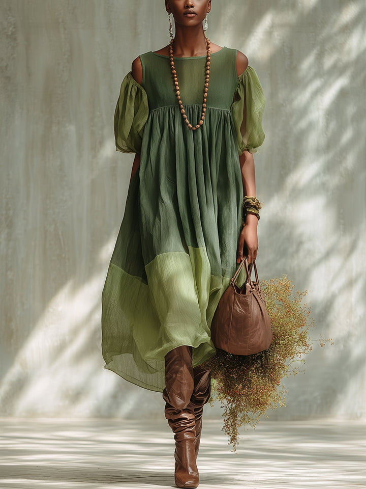 Off-Shoulder Green Chiffon Midi Dress with Short Sleeves