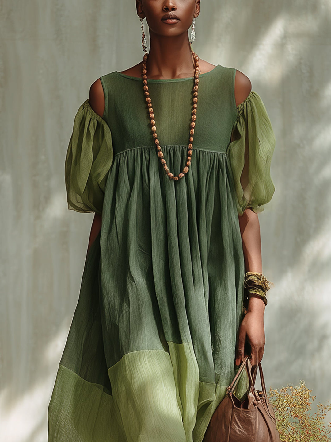 Off-Shoulder Green Chiffon Midi Dress with Short Sleeves