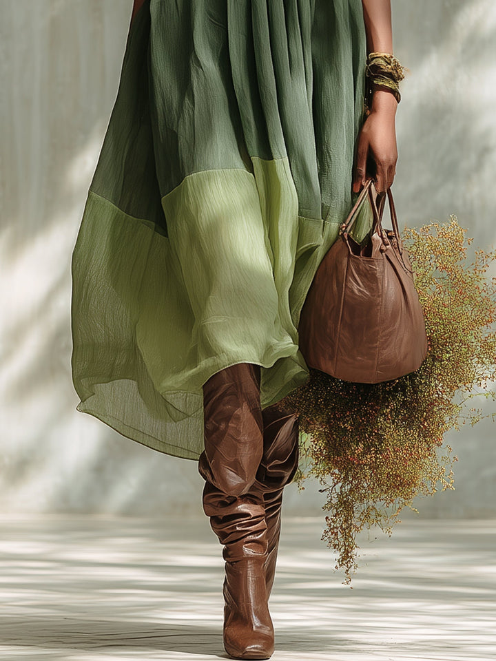 Off-Shoulder Green Chiffon Midi Dress with Short Sleeves
