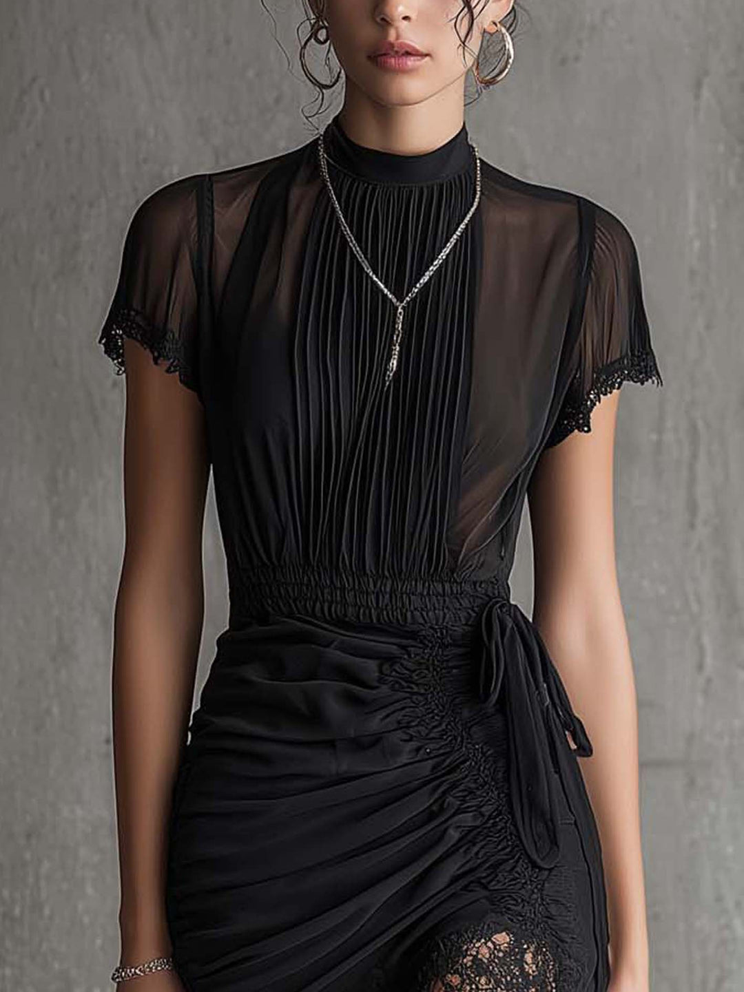 Mini Dress with Pleated Waist and Lace Trim in Black Chiffon