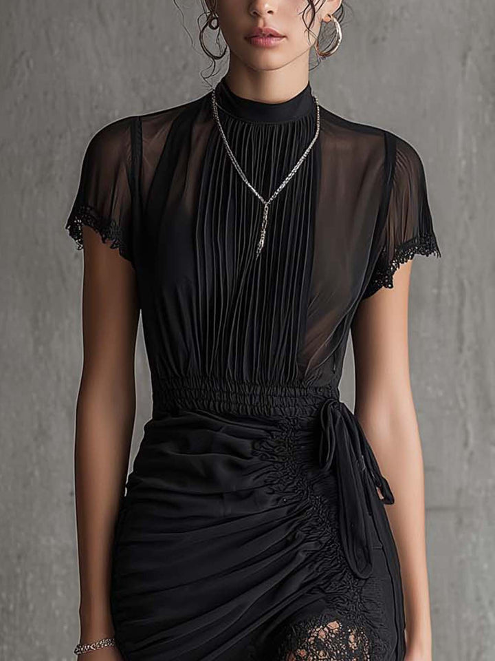 Mini Dress with Pleated Waist and Lace Trim in Black Chiffon