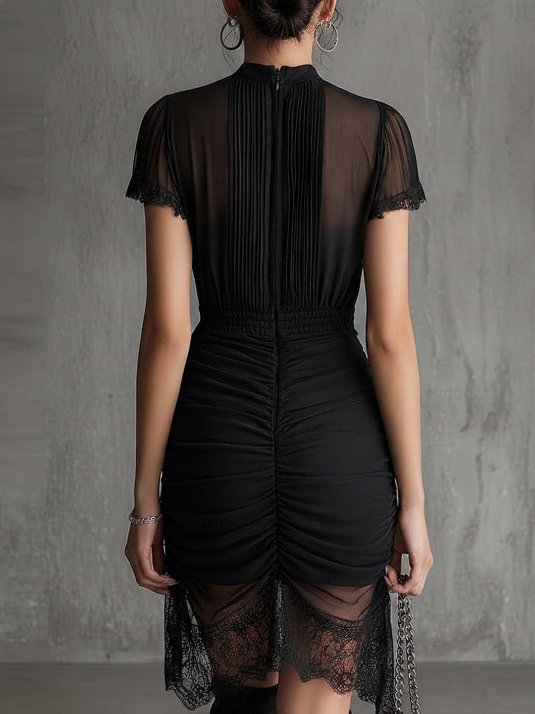 Mini Dress with Pleated Waist and Lace Trim in Black Chiffon