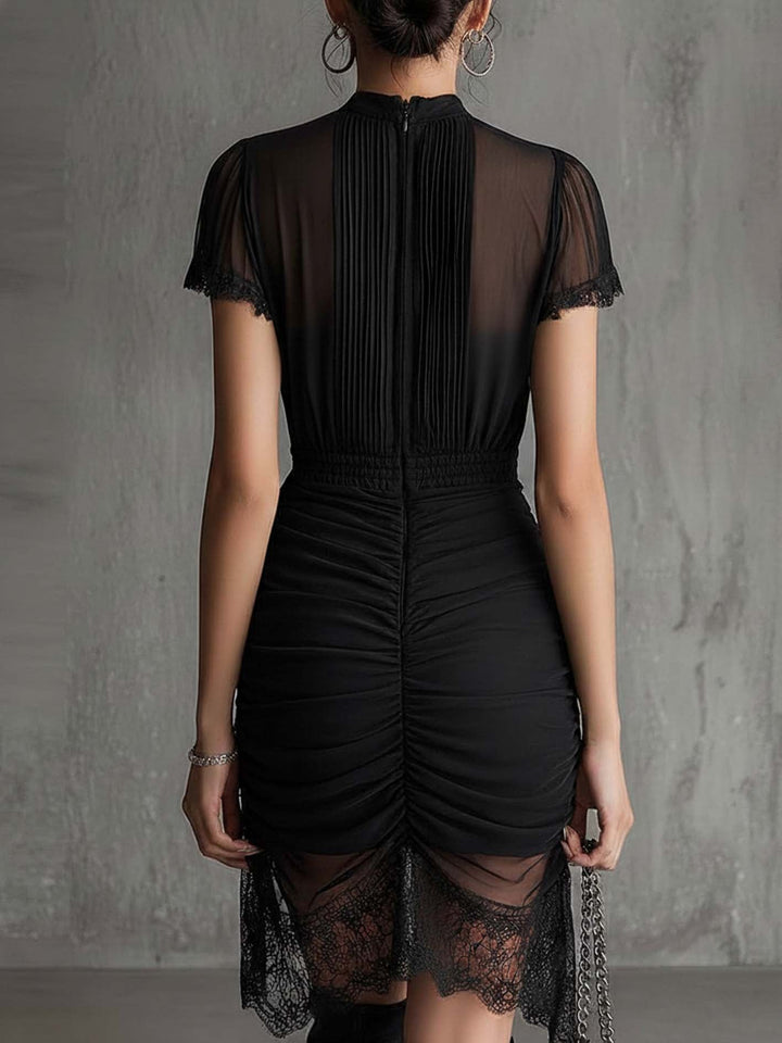 Mini Dress with Pleated Waist and Lace Trim in Black Chiffon