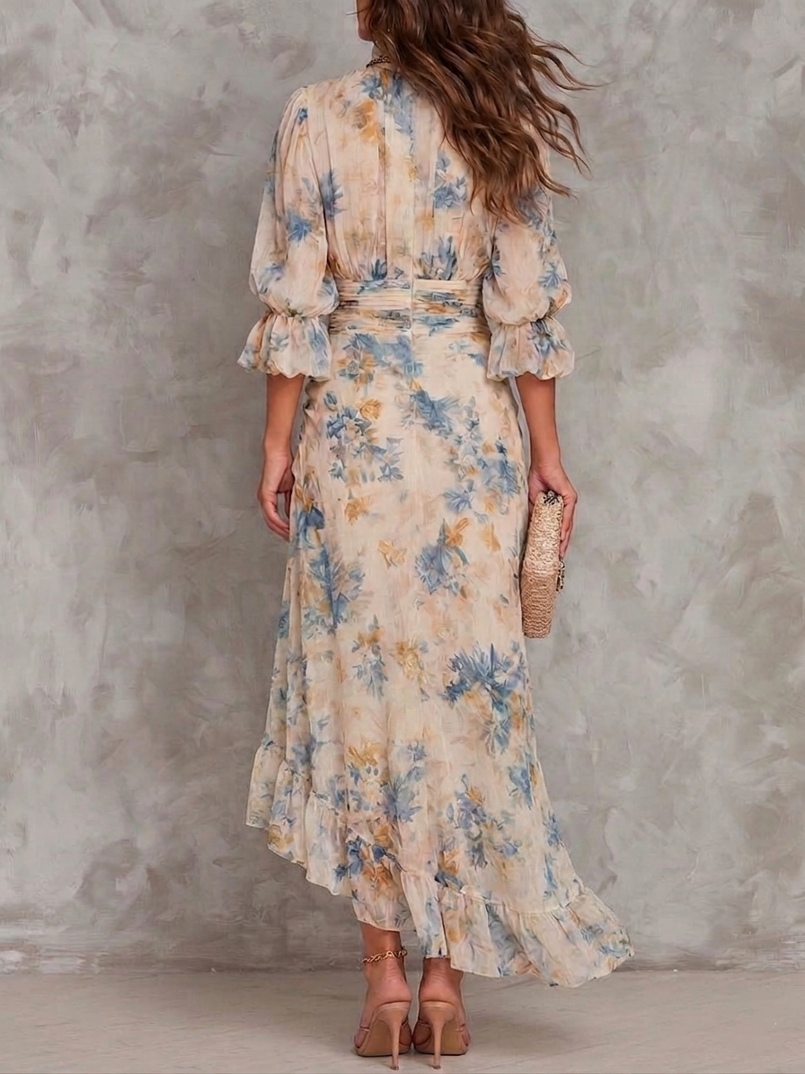 Beige Floral Print Chiffon Maxi Dress with Turtleneck and Irregular Hem