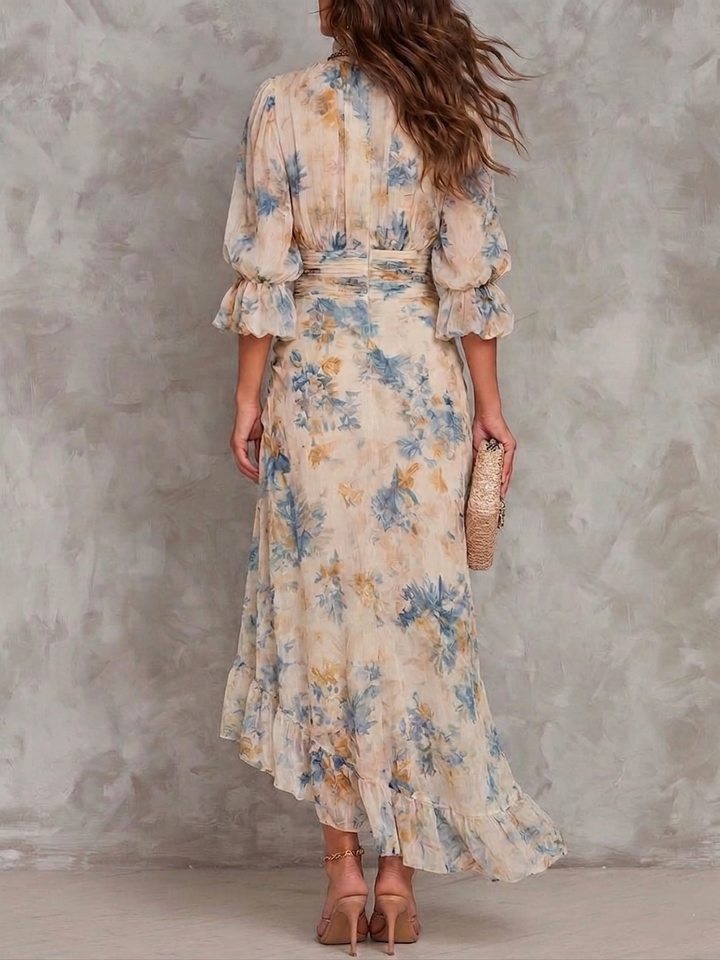 Beige Floral Print Chiffon Maxi Dress with Turtleneck and Irregular Hem
