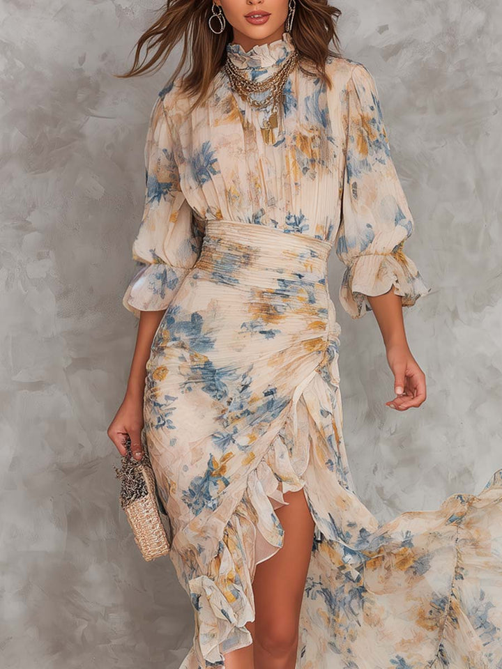 Beige Floral Print Chiffon Maxi Dress with Turtleneck and Irregular Hem