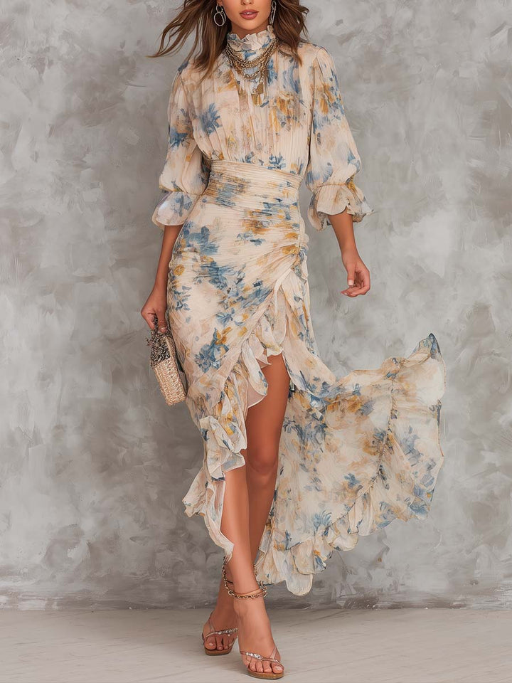 Beige Floral Print Chiffon Maxi Dress with Turtleneck and Irregular Hem