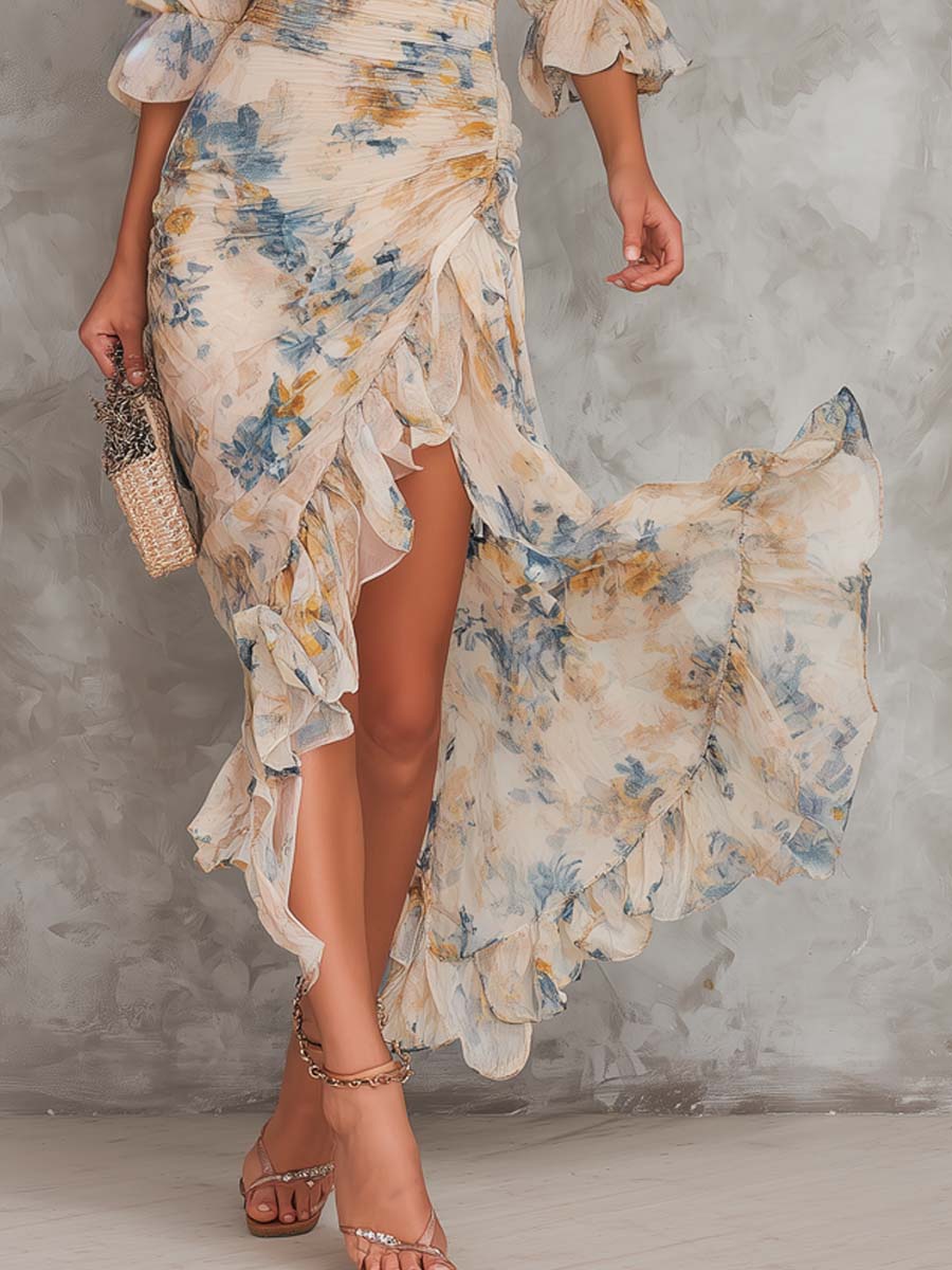 Beige Floral Print Chiffon Maxi Dress with Turtleneck and Irregular Hem