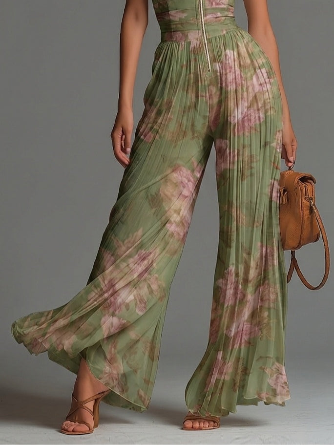 Green Floral V-Neck Sleeveless Pleated Wide-Leg Chiffon Jumpsuit with Zip Closure