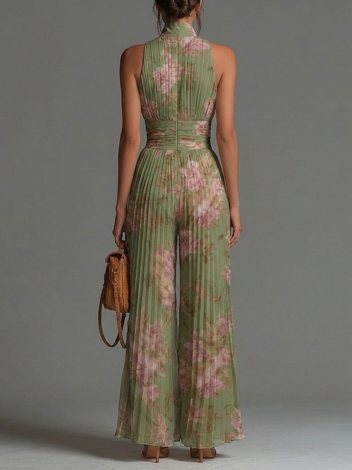 Green Floral V-Neck Sleeveless Pleated Wide-Leg Chiffon Jumpsuit with Zip Closure