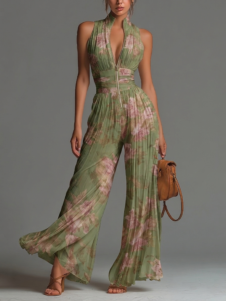 Green Floral V-Neck Sleeveless Pleated Wide-Leg Chiffon Jumpsuit with Zip Closure