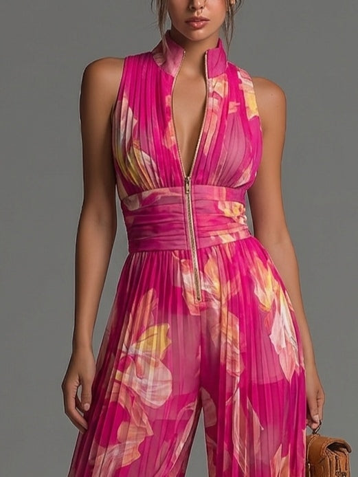 Fuchsia Floral Sleeveless Wide-Leg Chiffon Jumpsuit with Zippered Pleats
