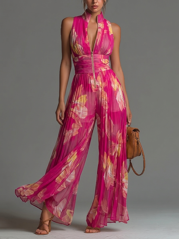 Fuchsia Floral Sleeveless Wide-Leg Chiffon Jumpsuit with Zippered Pleats