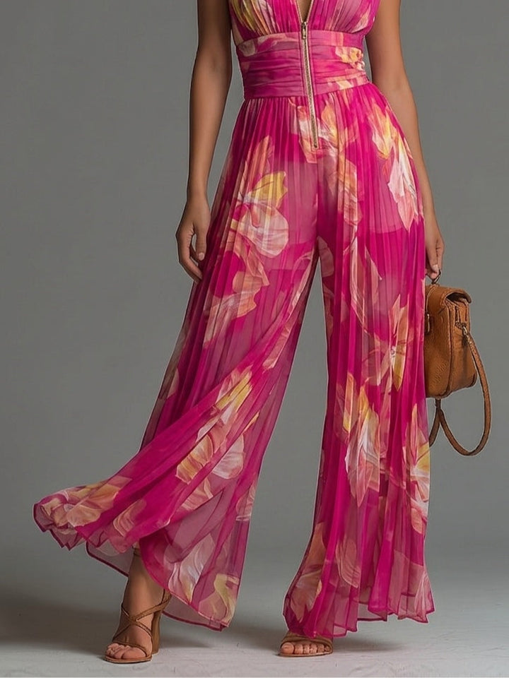 Fuchsia Floral Sleeveless Wide-Leg Chiffon Jumpsuit with Zippered Pleats