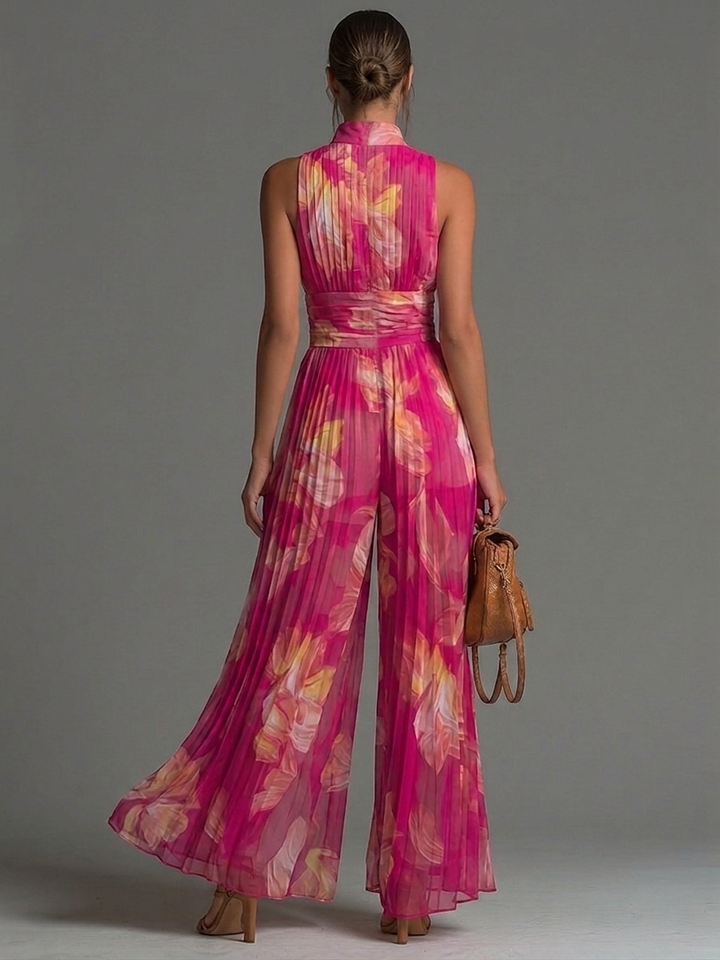 Fuchsia Floral Sleeveless Wide-Leg Chiffon Jumpsuit with Zippered Pleats