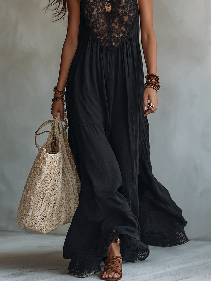 Boho Chic Black Sleeveless Maxi Dress with Lace Trim