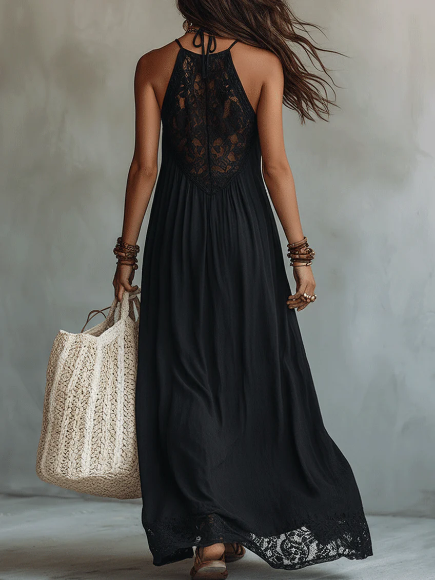 Boho Chic Black Sleeveless Maxi Dress with Lace Trim