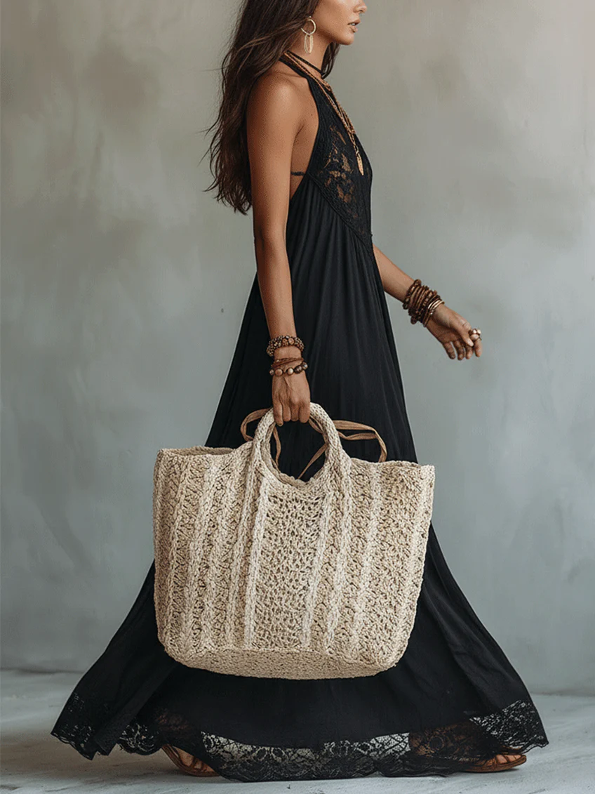 Boho Chic Black Sleeveless Maxi Dress with Lace Trim
