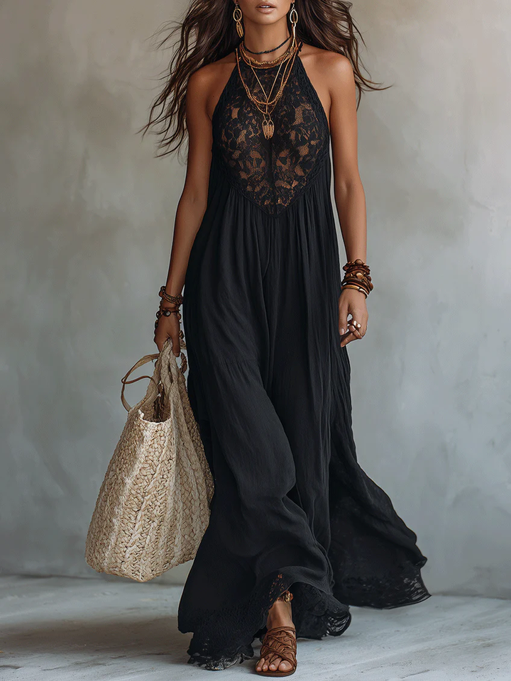 Boho Chic Black Sleeveless Maxi Dress with Lace Trim