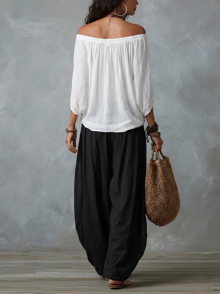 White Off-the-Shoulder Top with Relaxed Lantern Pants Set